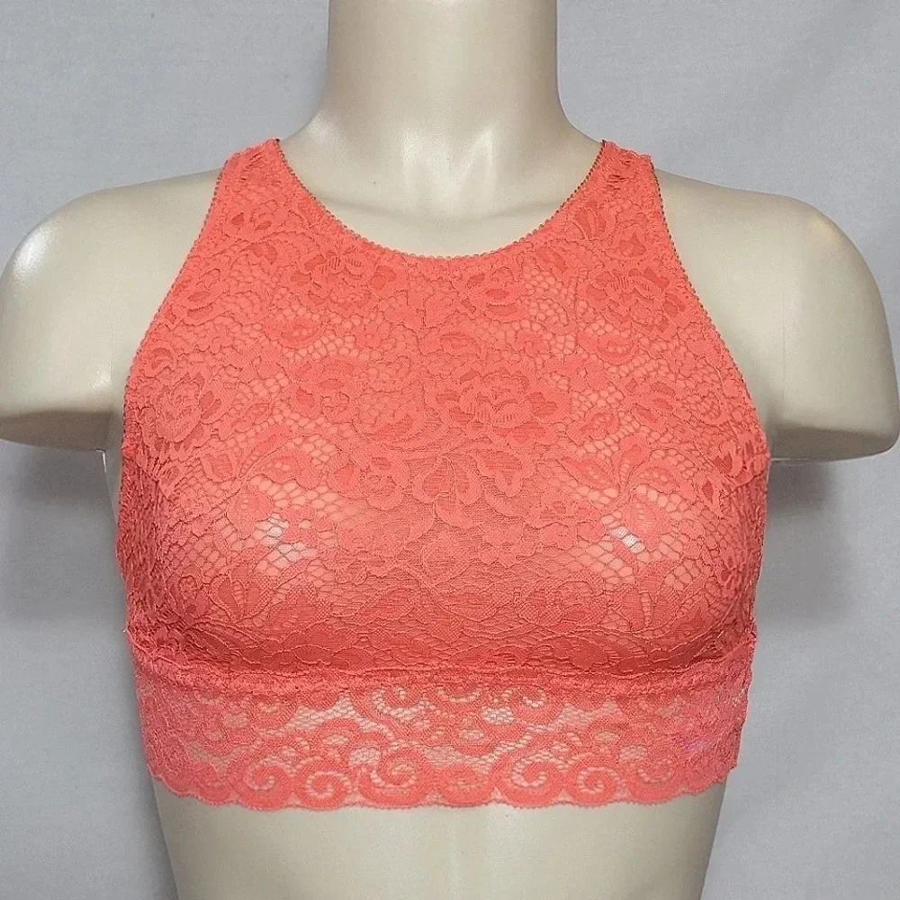 XS X-SMALL Xhilaration Wire Free High Neck Crossback Lace Bra Coral NWT